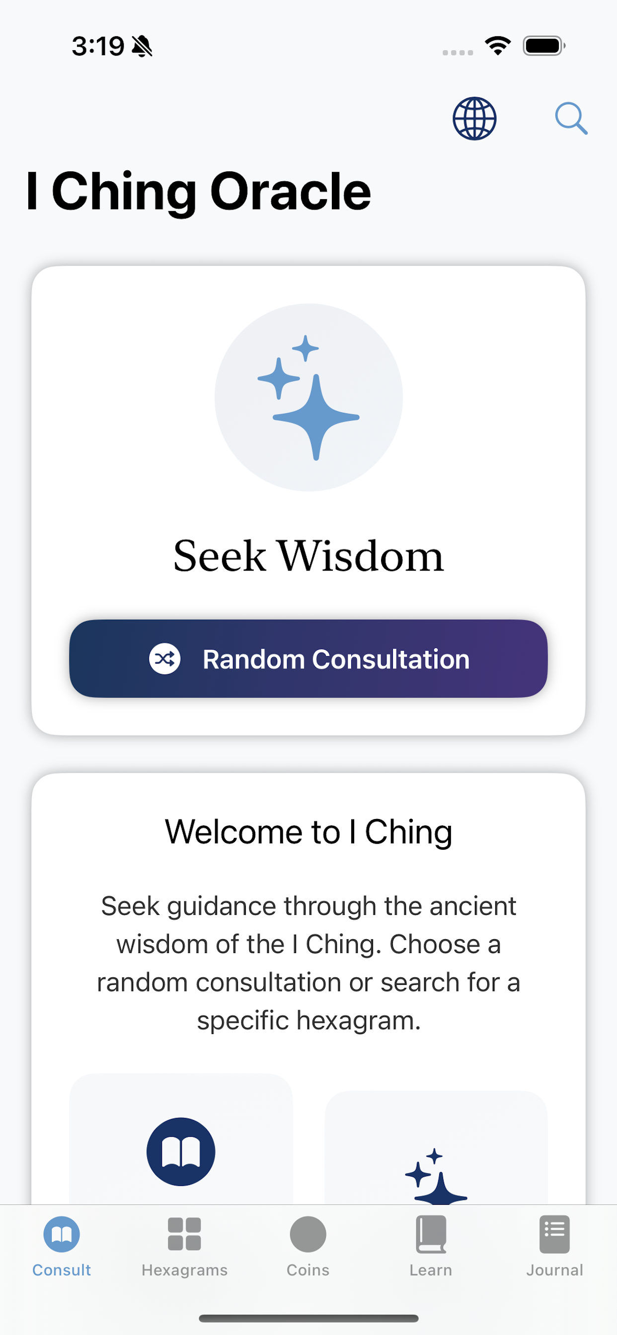 Modern iChing main screen in light mode