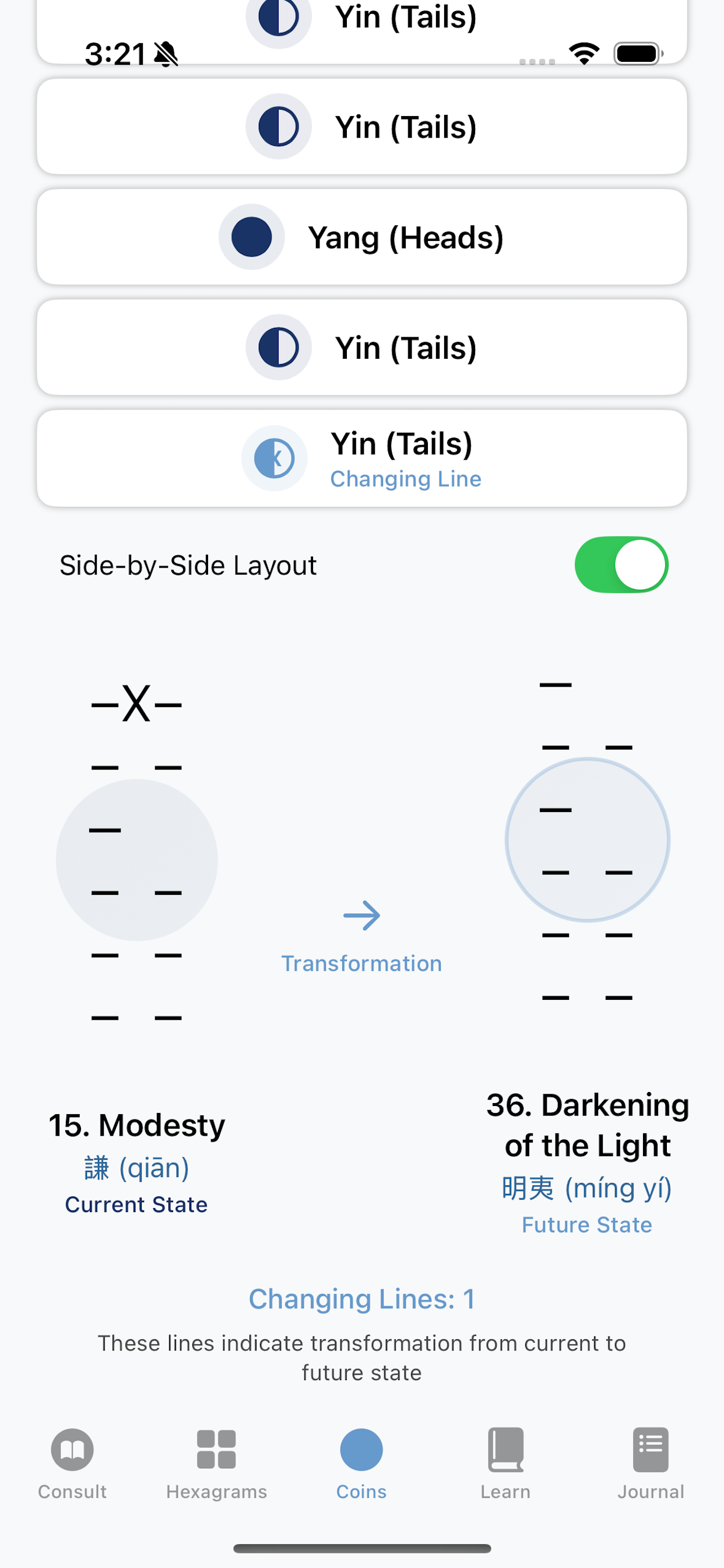 Consultation result screen showing transformation
