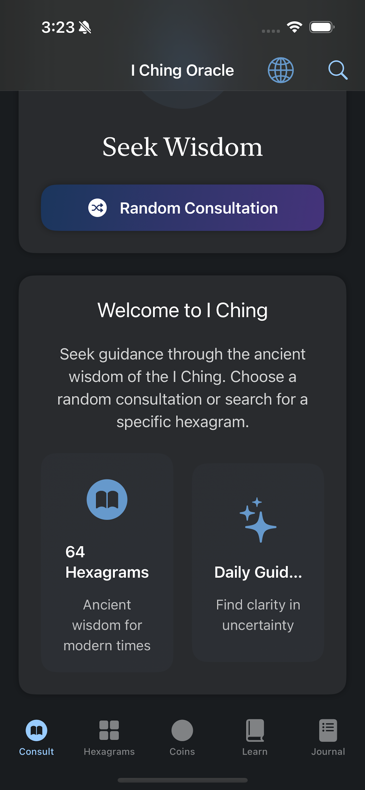 Modern iChing main screen in dark mode